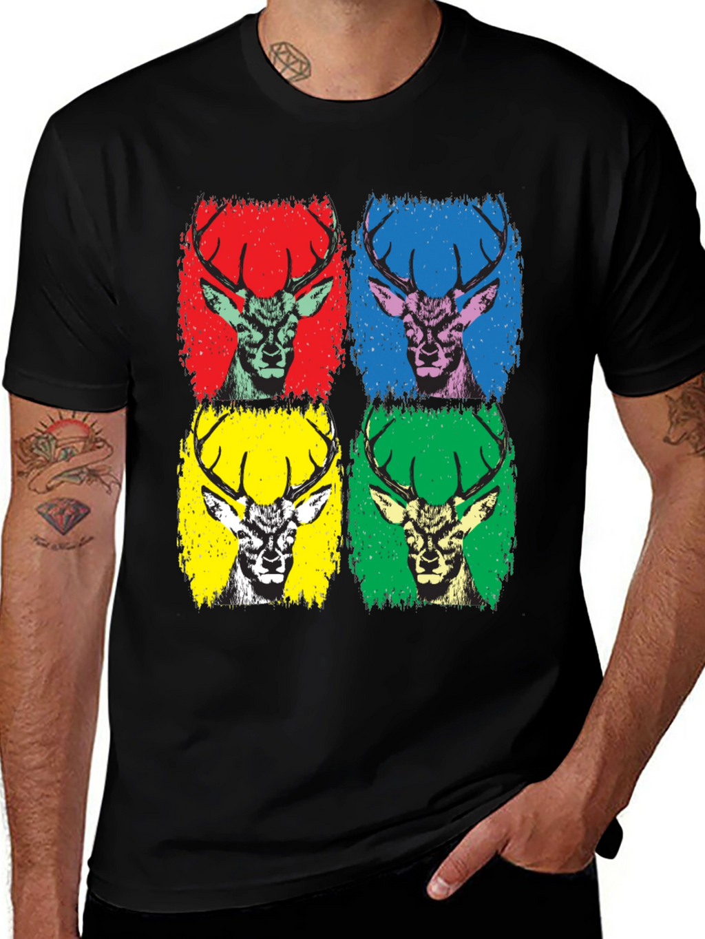 Pop Art Deer Graphic Tee - Black Cotton T-Shirt