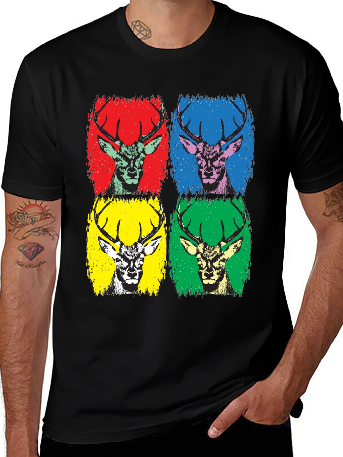 Pop Art Deer Graphic Tee - Black Cotton T-Shirt