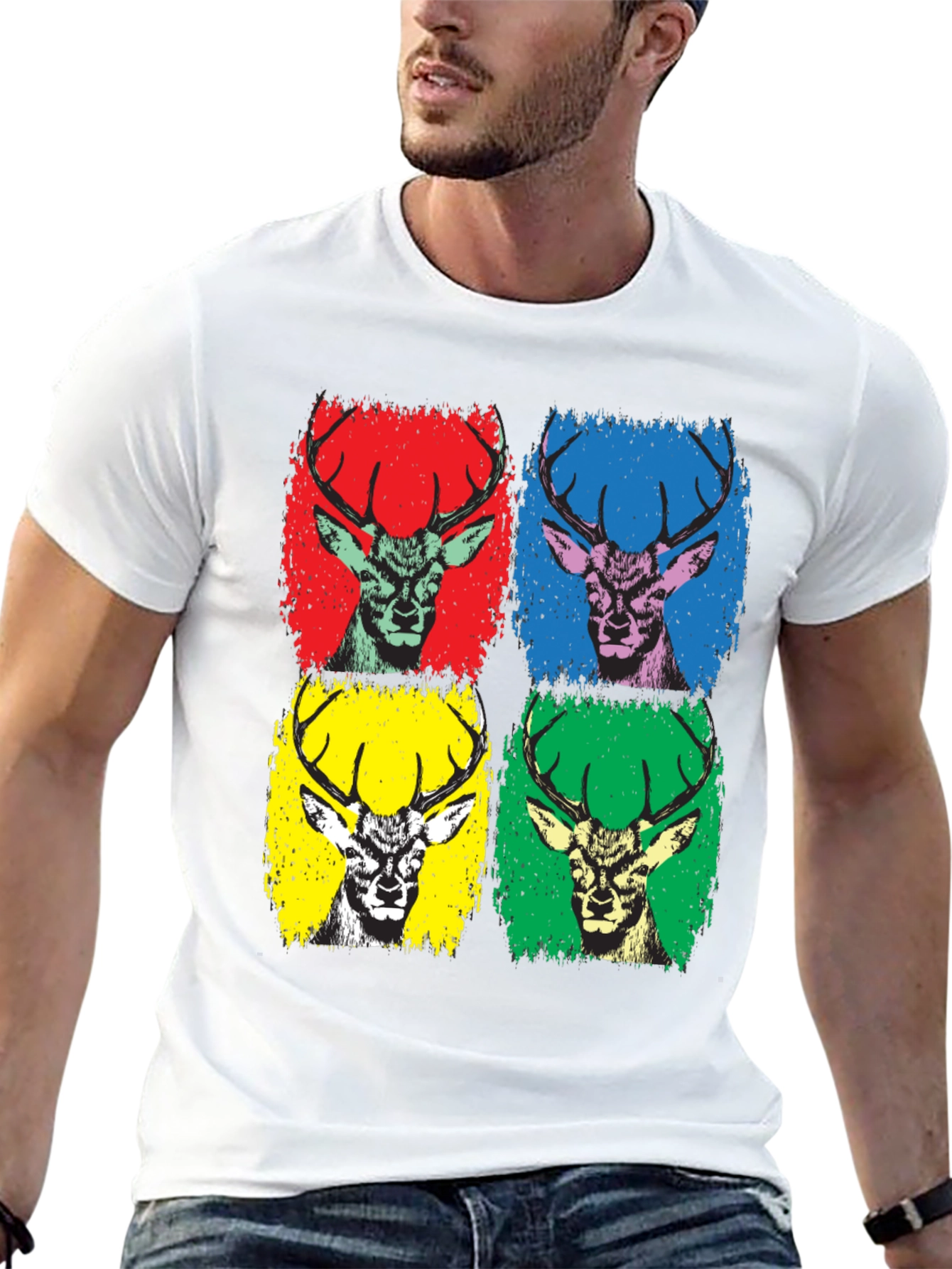 Pop Art Deer Graphic Tee - Black Cotton T-Shirt