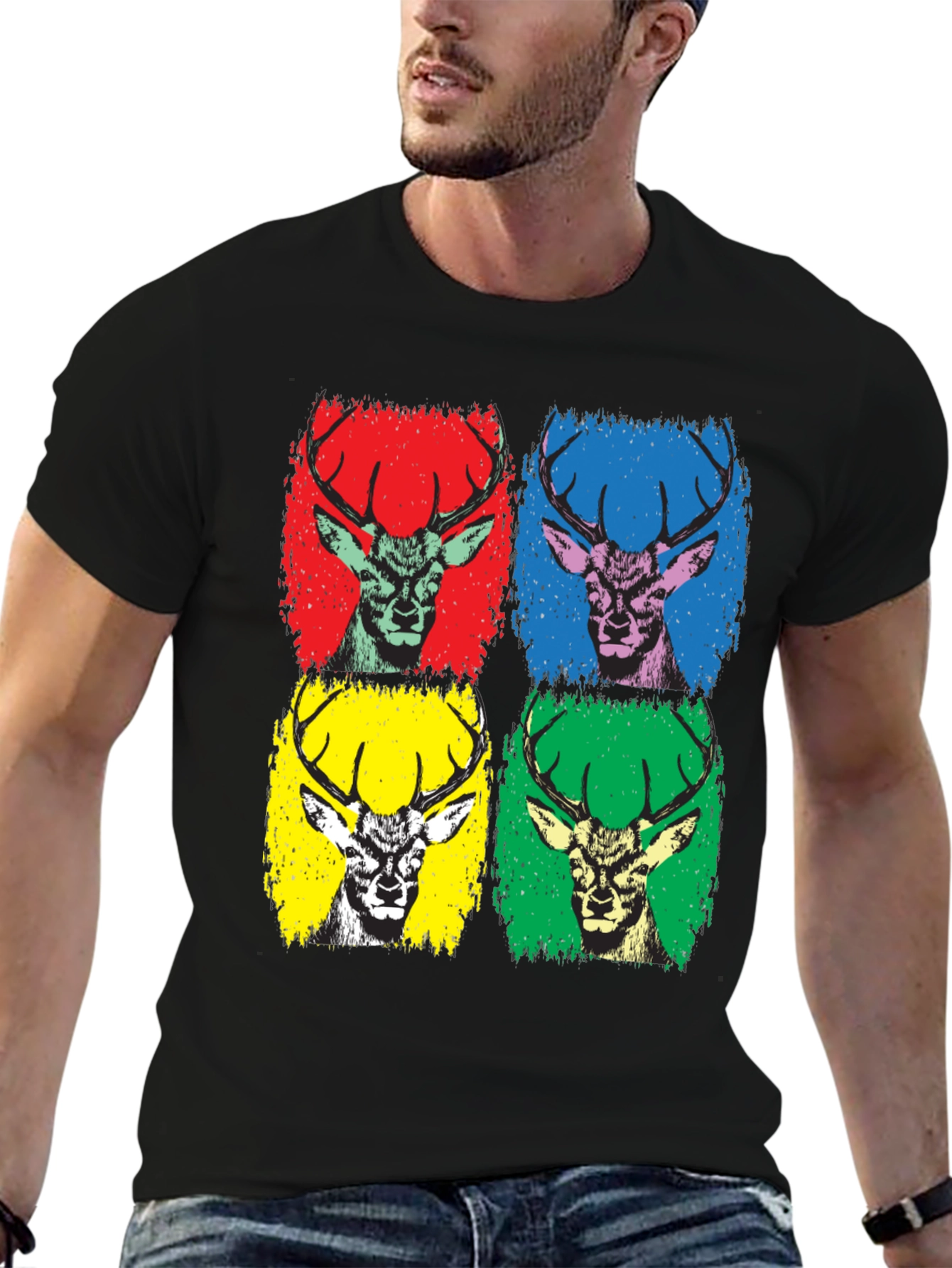 Pop Art Deer Graphic Tee - Black Cotton T-Shirt