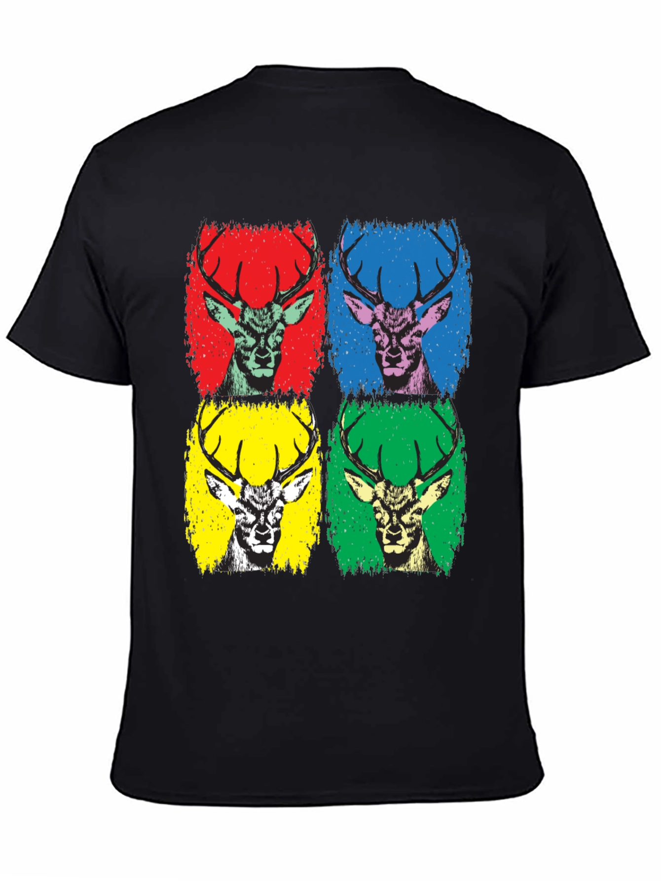 Pop Art Deer Graphic Tee - Black Cotton T-Shirt