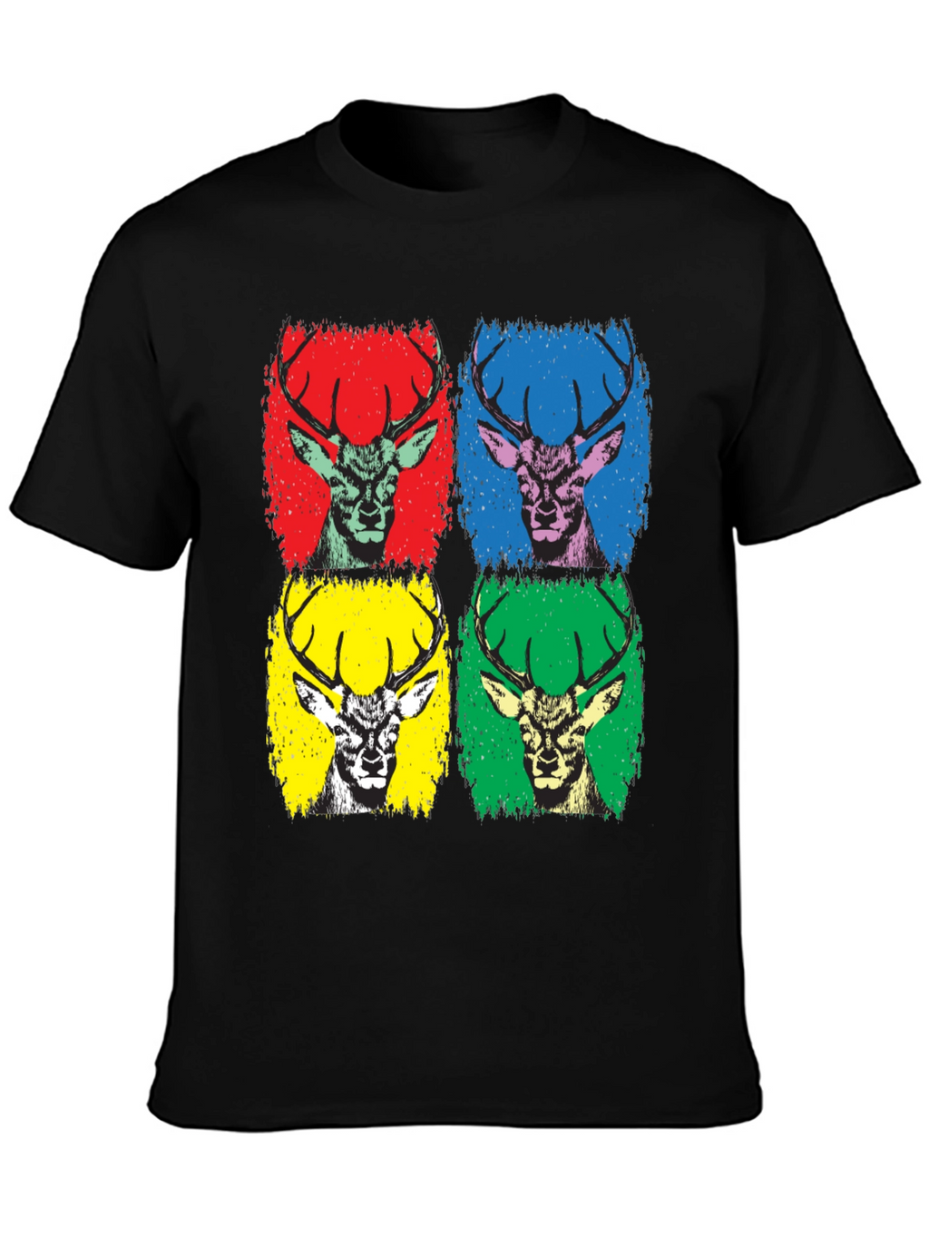 Pop Art Deer Graphic Tee - Black Cotton T-Shirt