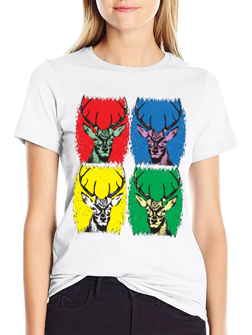 Pop Art Deer Graphic Tee - Black Cotton T-Shirt