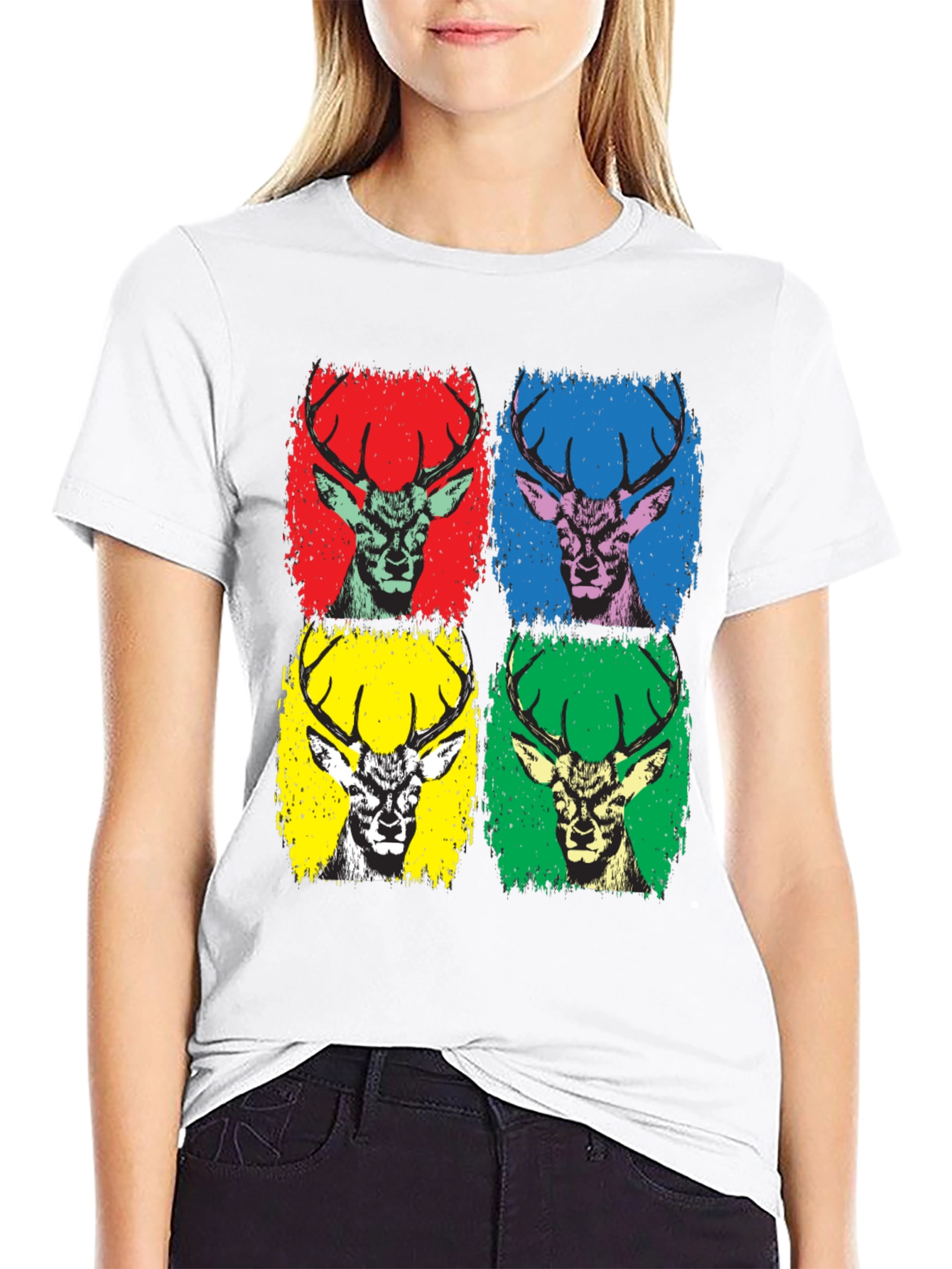 Pop Art Deer Graphic Tee - Black Cotton T-Shirt