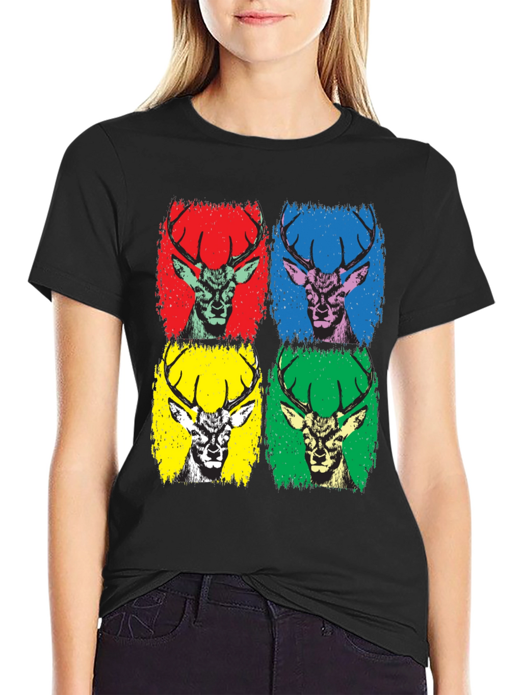 Pop Art Deer Graphic Tee - Black Cotton T-Shirt