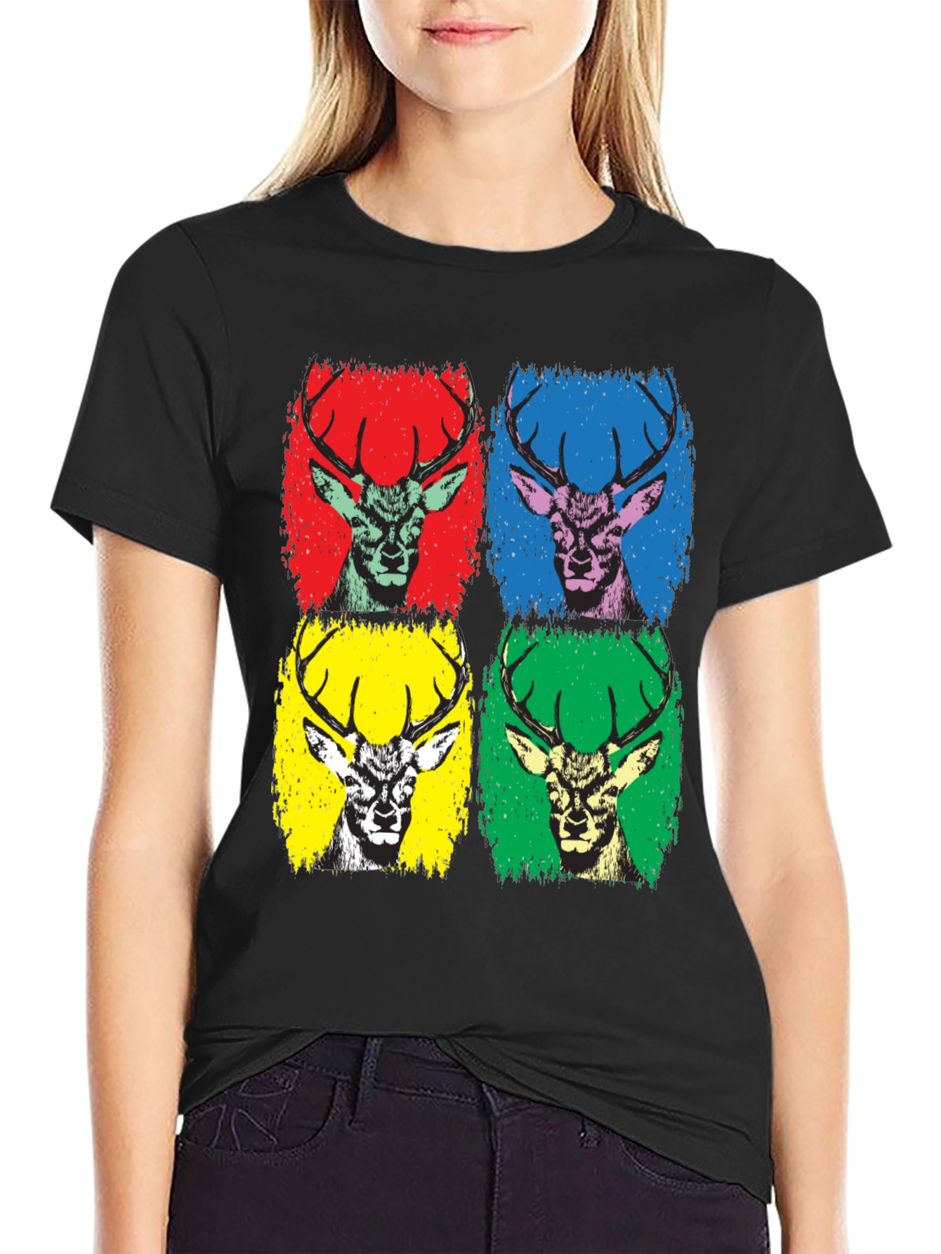 Pop Art Deer Graphic Tee - Black Cotton T-Shirt