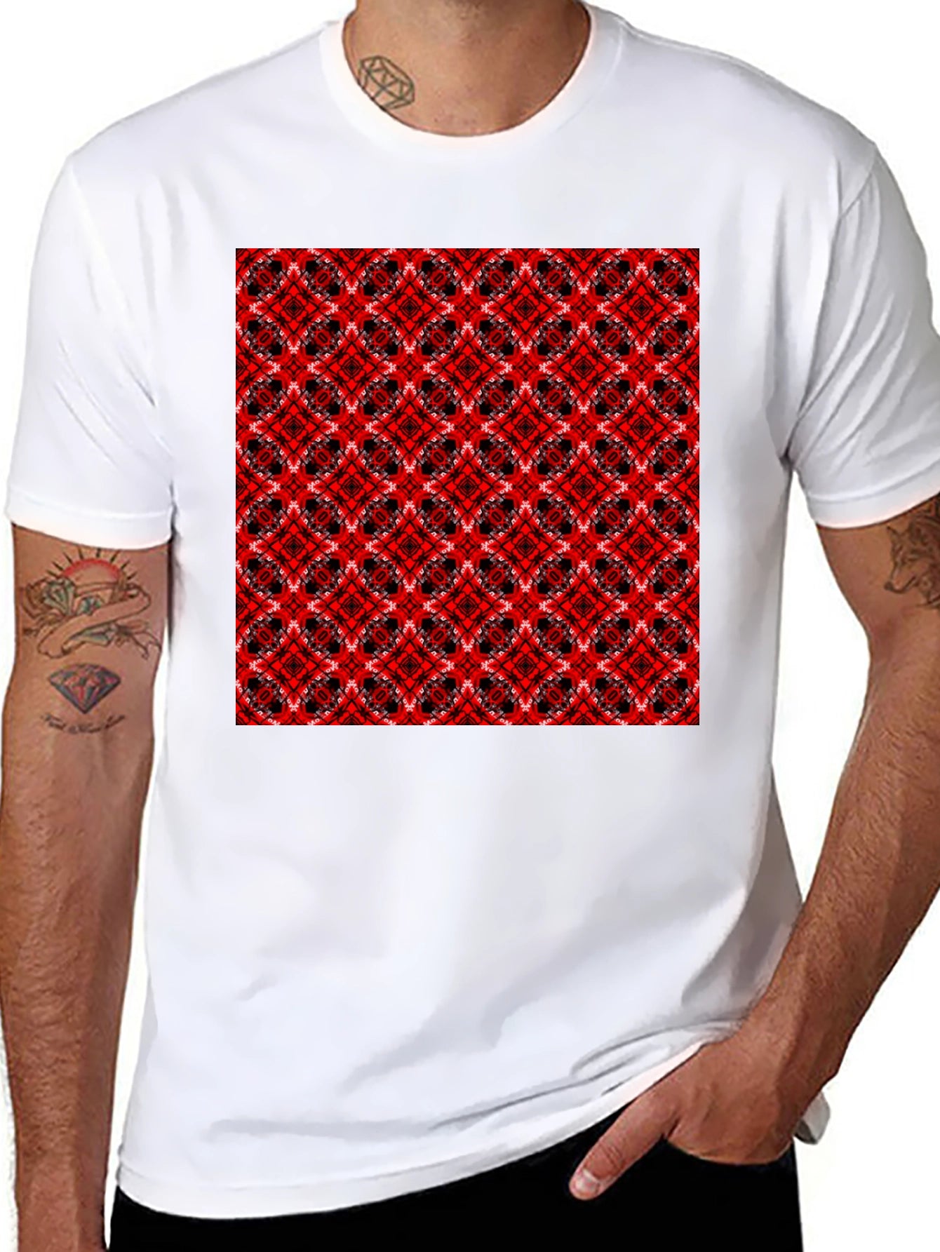 Geometric Pattern T-Shirt - Red & Black Design