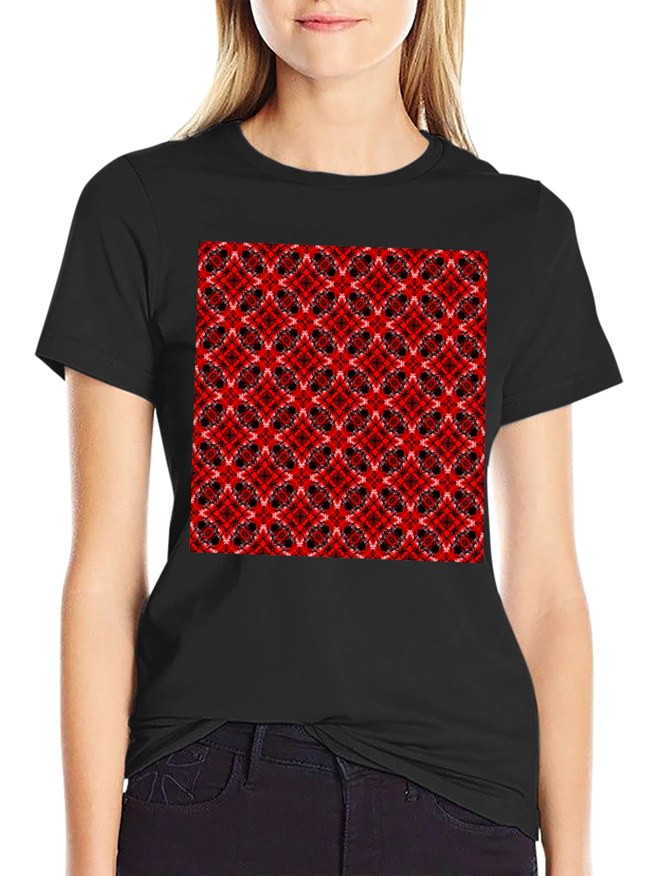 Geometric Pattern T-Shirt - Red & Black Design