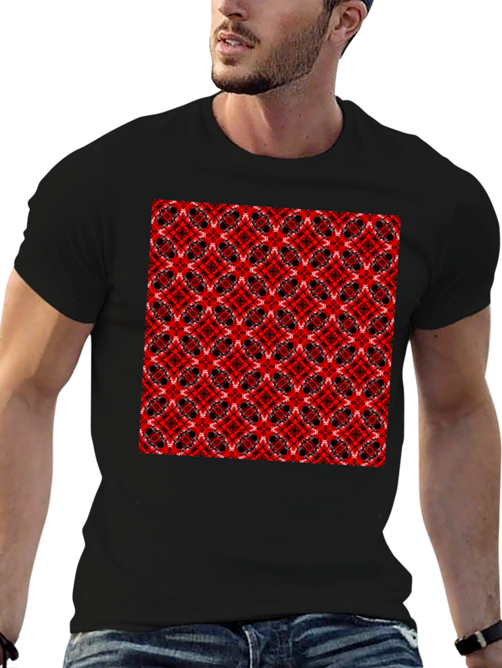 Geometric Pattern T-Shirt - Red & Black Design