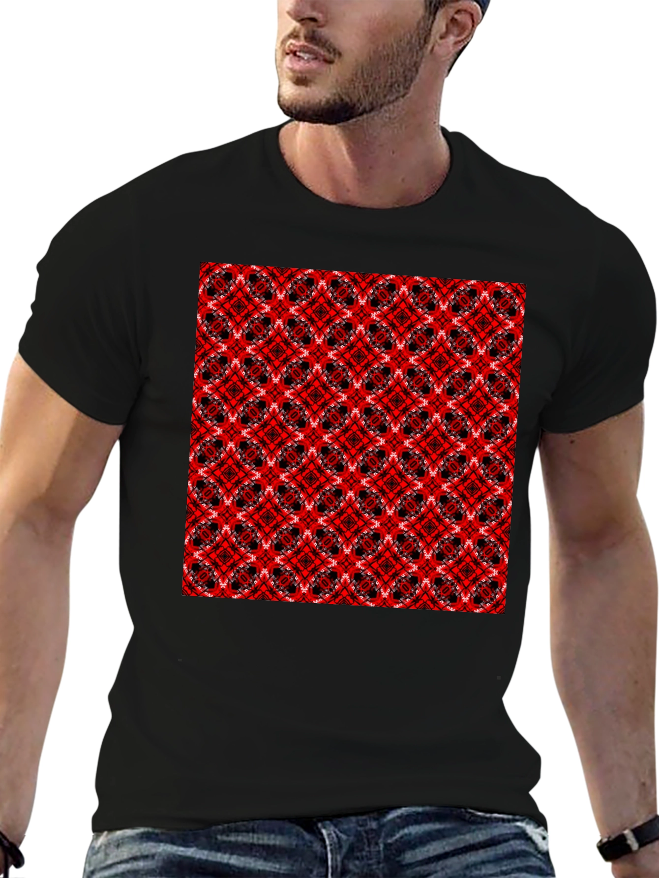 Geometric Pattern T-Shirt - Red & Black Design