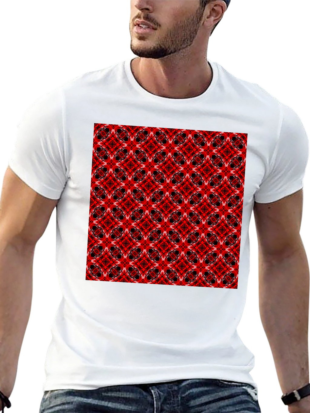 Geometric Pattern T-Shirt - Red & Black Design