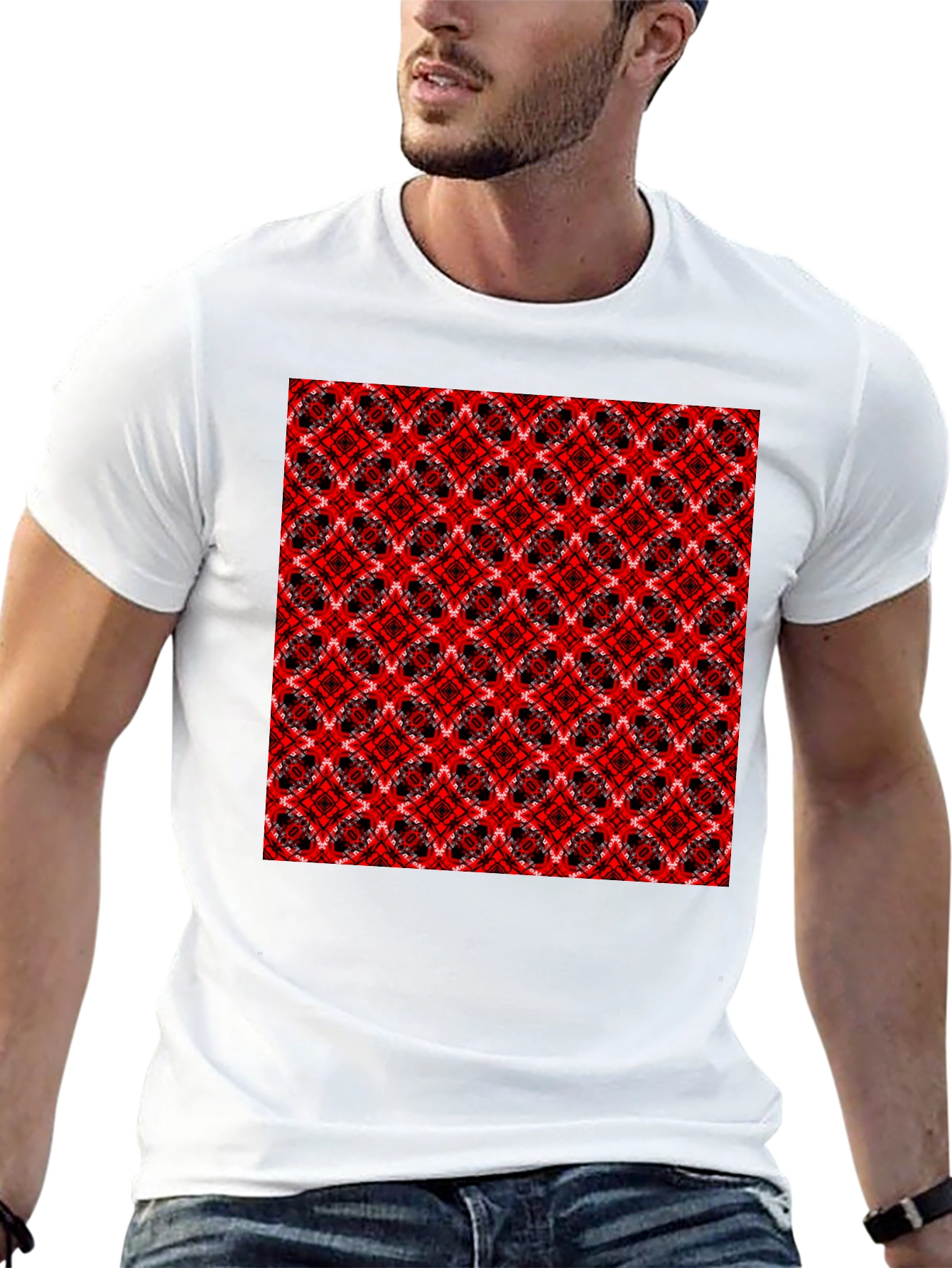 Geometric Pattern T-Shirt - Red & Black Design