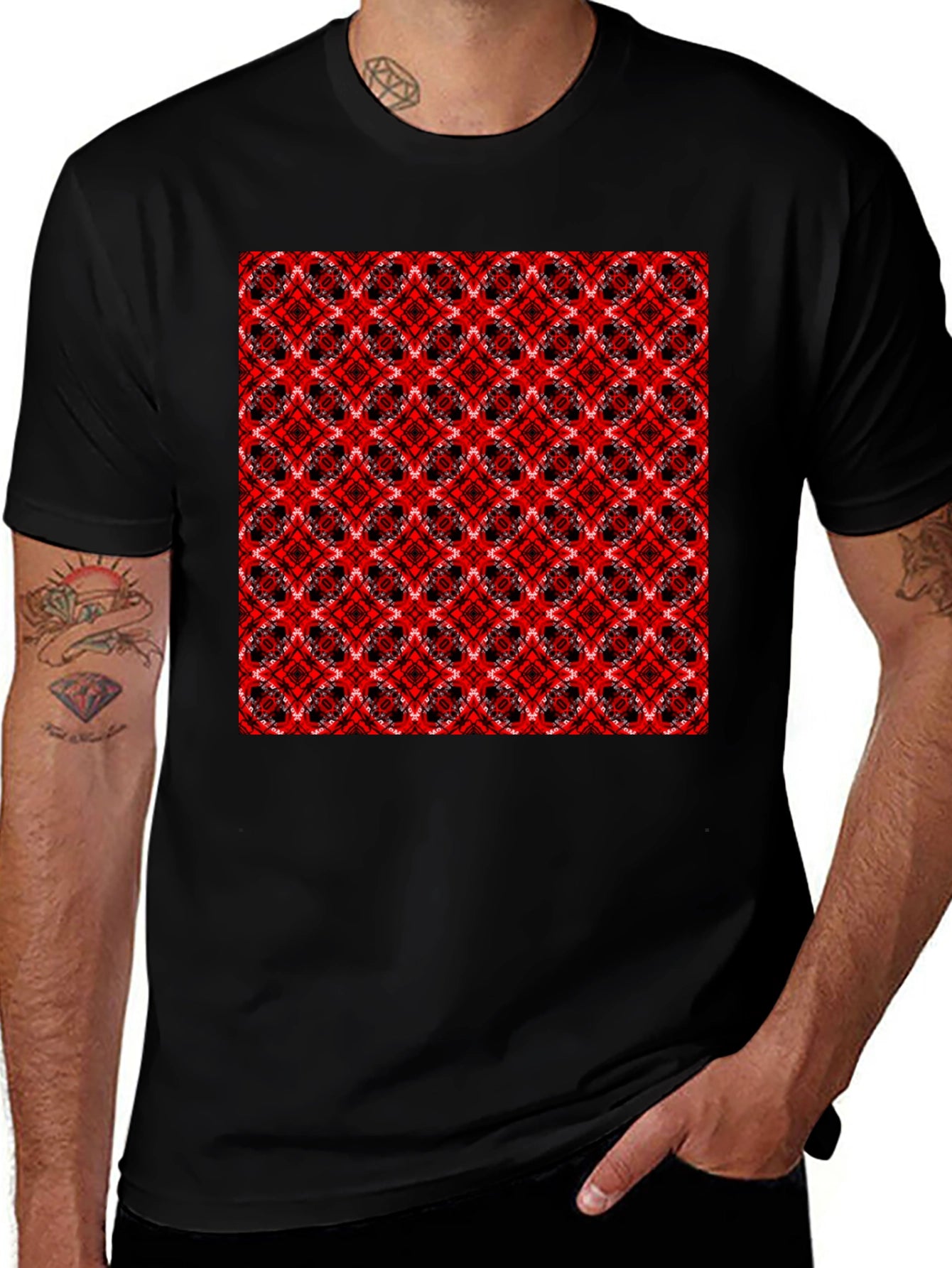 Geometric Pattern T-Shirt - Red & Black Design