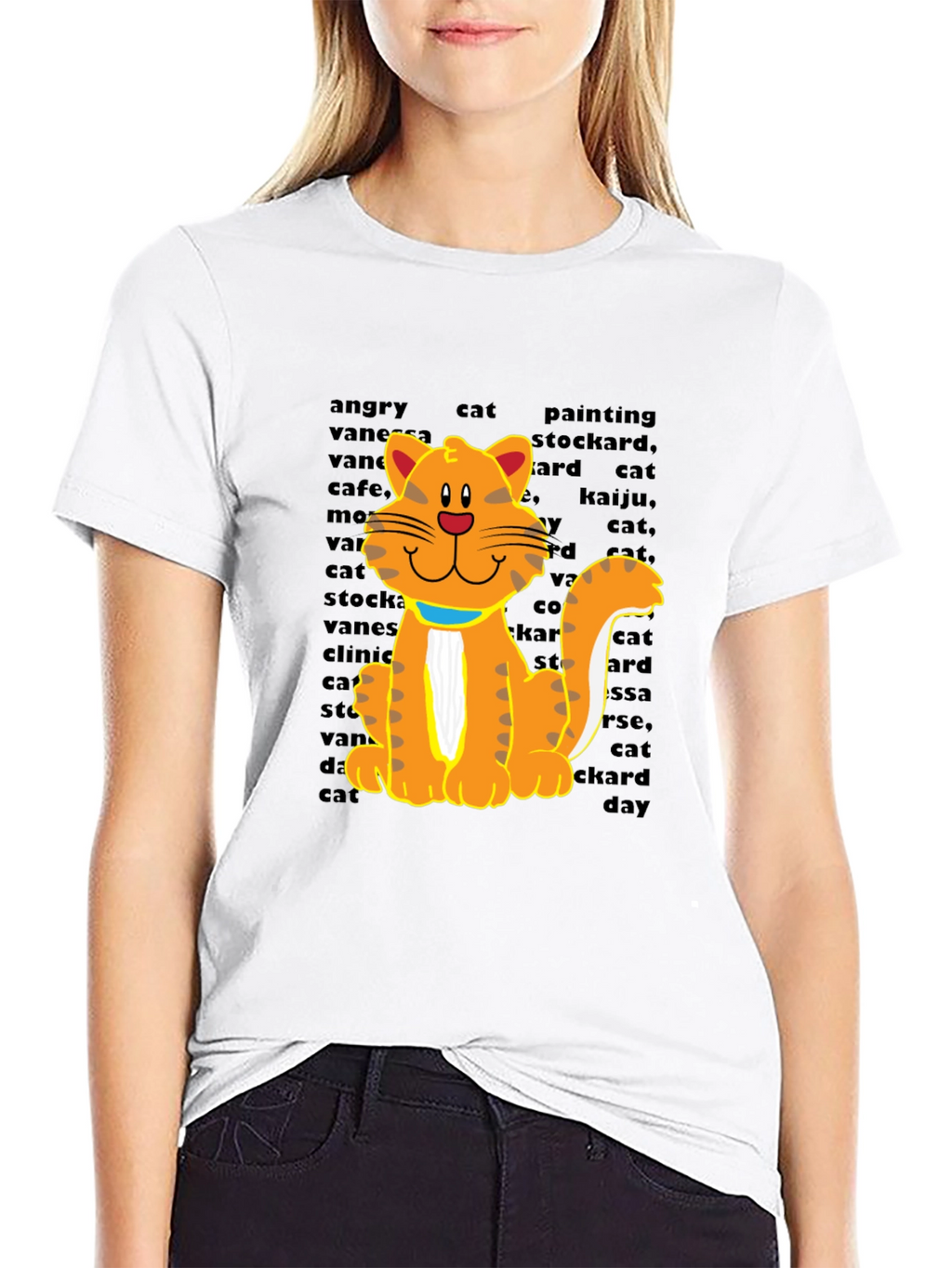 Cartoon Cat Graphic Tee - Casual Black T-Shirt
