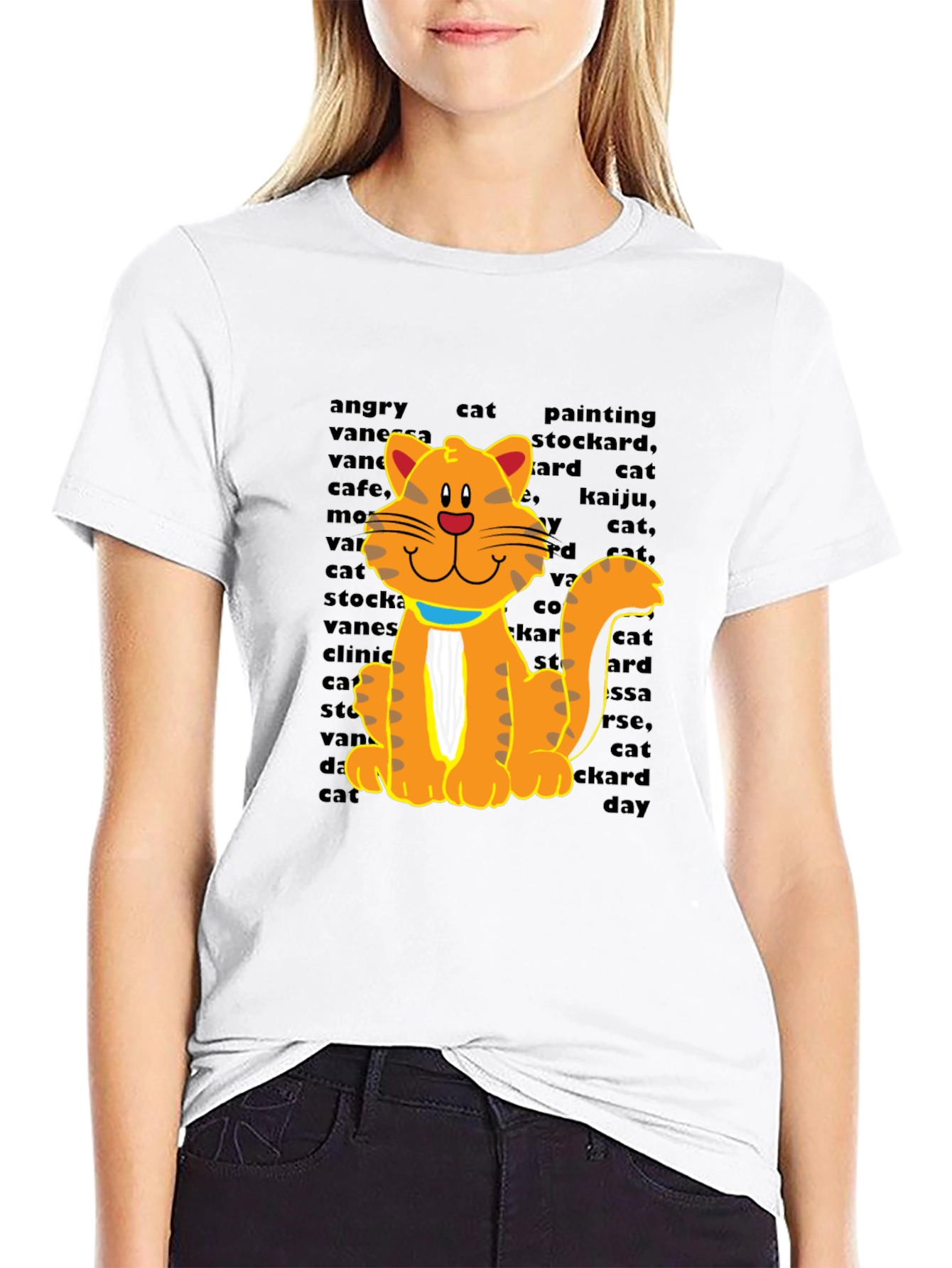 Cartoon Cat Graphic Tee - Casual Black T-Shirt