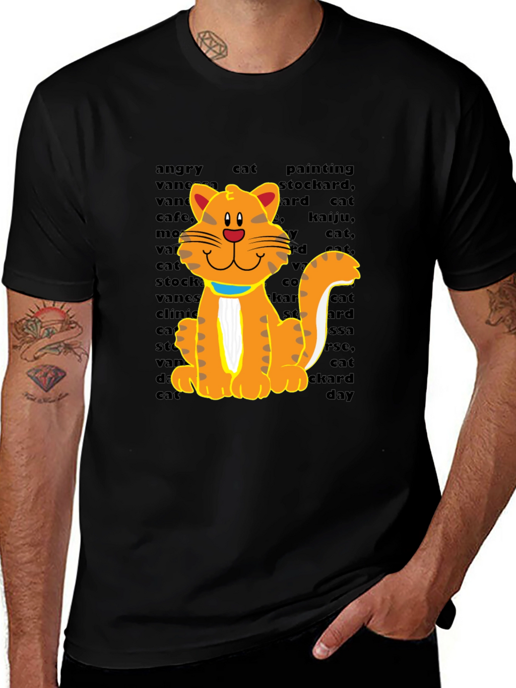 Cartoon Cat Graphic Tee - Casual Black T-Shirt