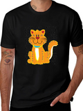 Cartoon Cat Graphic Tee - Casual Black T-Shirt