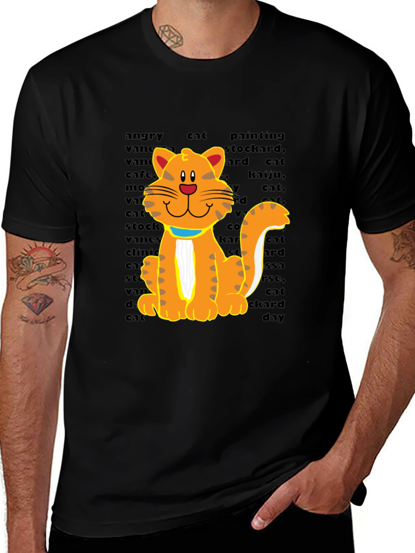 Cartoon Cat Graphic Tee - Casual Black T-Shirt