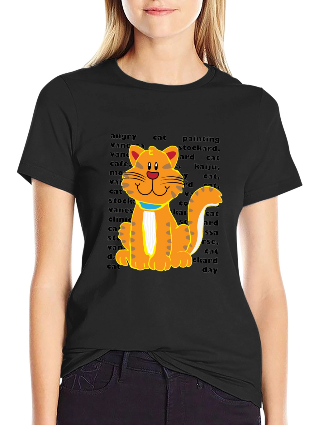 Cartoon Cat Graphic Tee - Casual Black T-Shirt