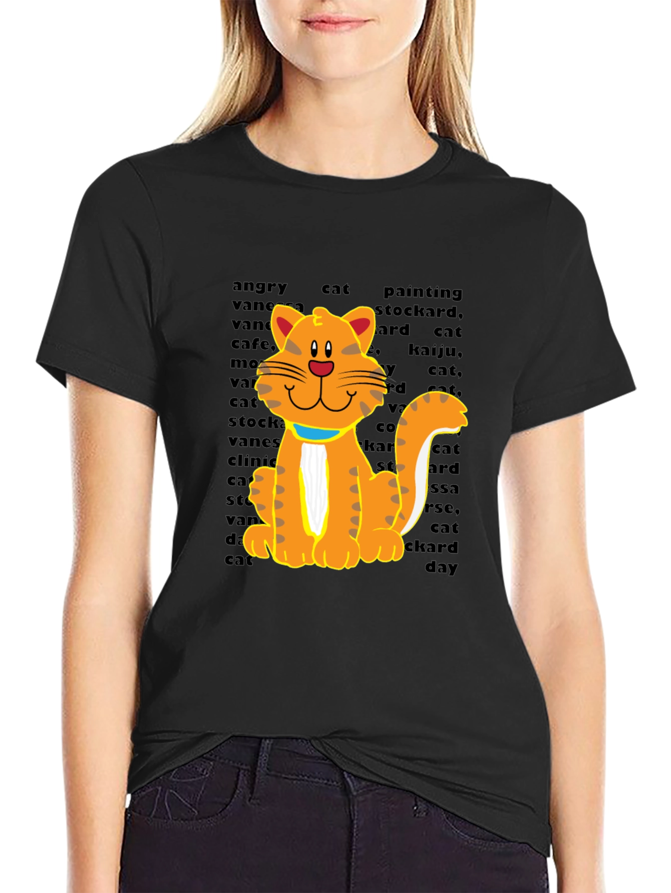 Cartoon Cat Graphic Tee - Casual Black T-Shirt