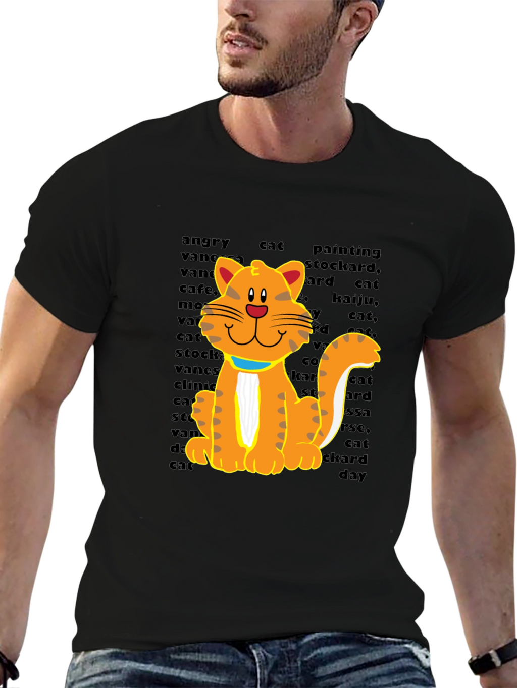 Cartoon Cat Graphic Tee - Casual Black T-Shirt
