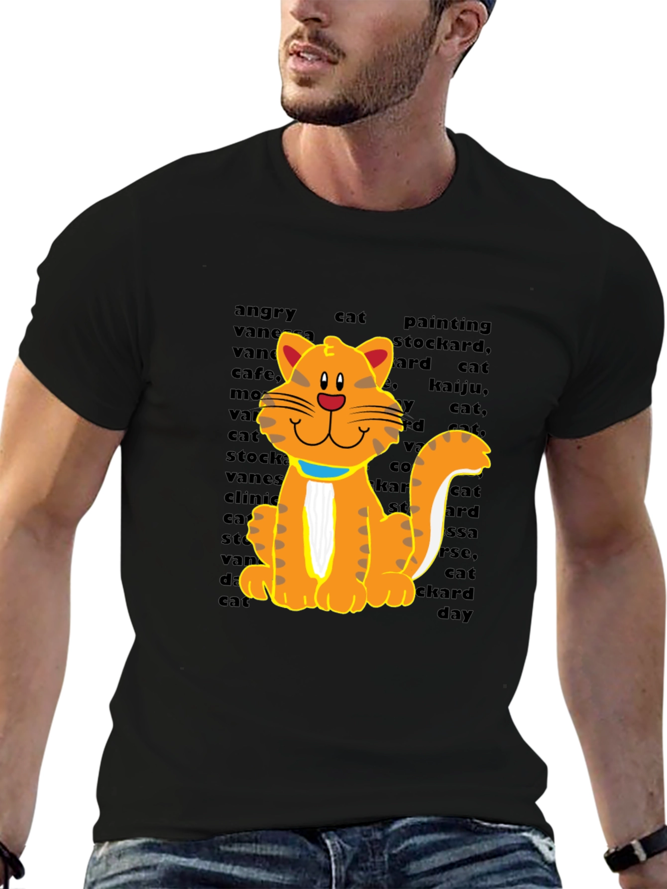 Cartoon Cat Graphic Tee - Casual Black T-Shirt