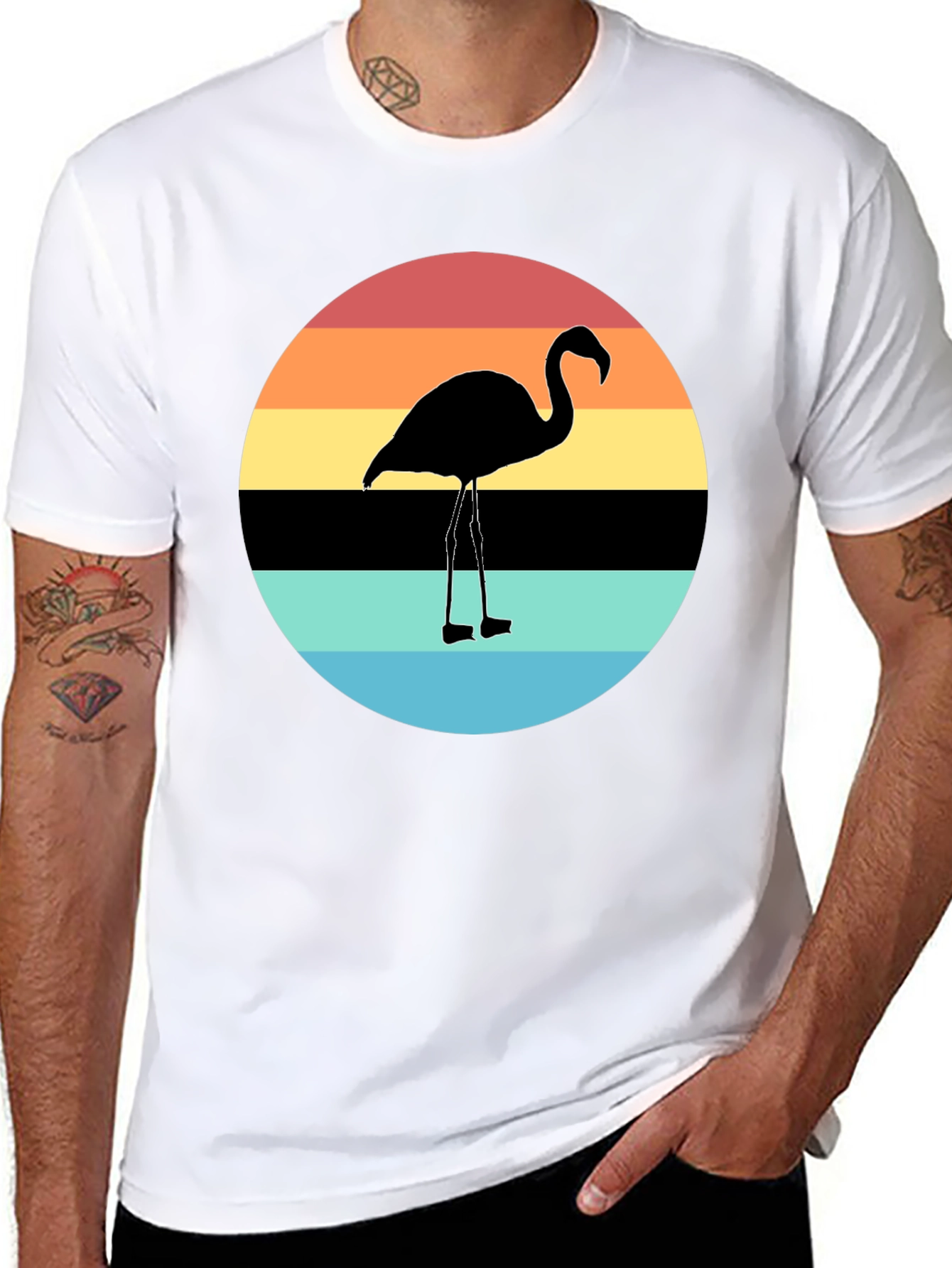 Retro Flamingo Sunset Graphic Tee - Black Cotton Blend