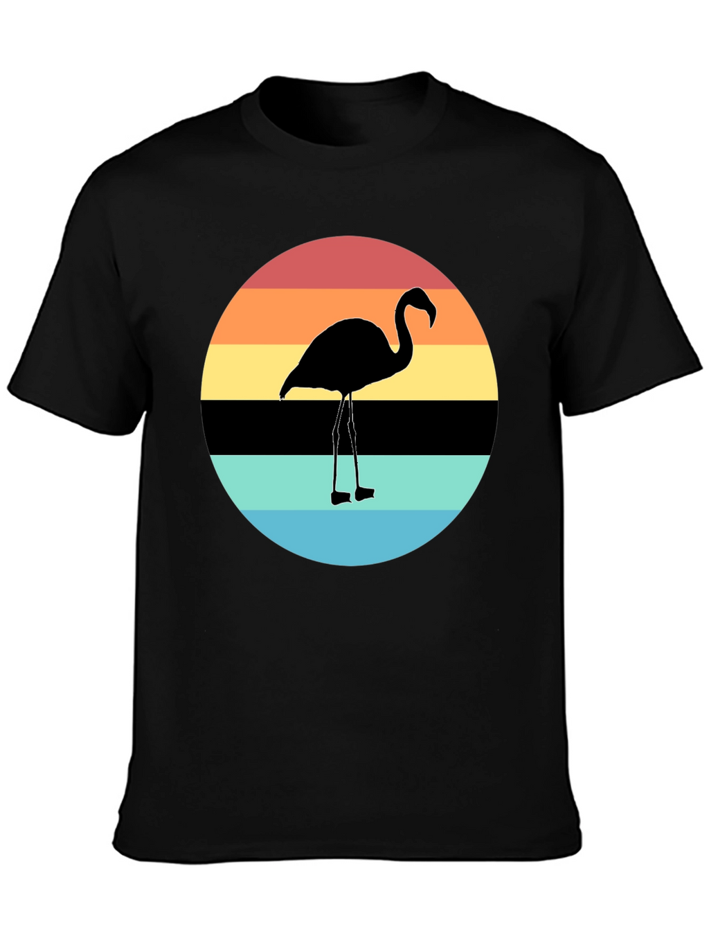 Retro Flamingo Sunset Graphic Tee - Black Cotton Blend