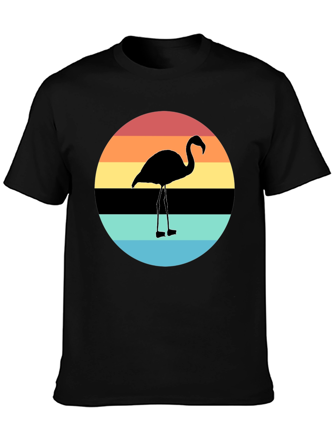 Retro Flamingo Sunset Graphic Tee - Black Cotton Blend