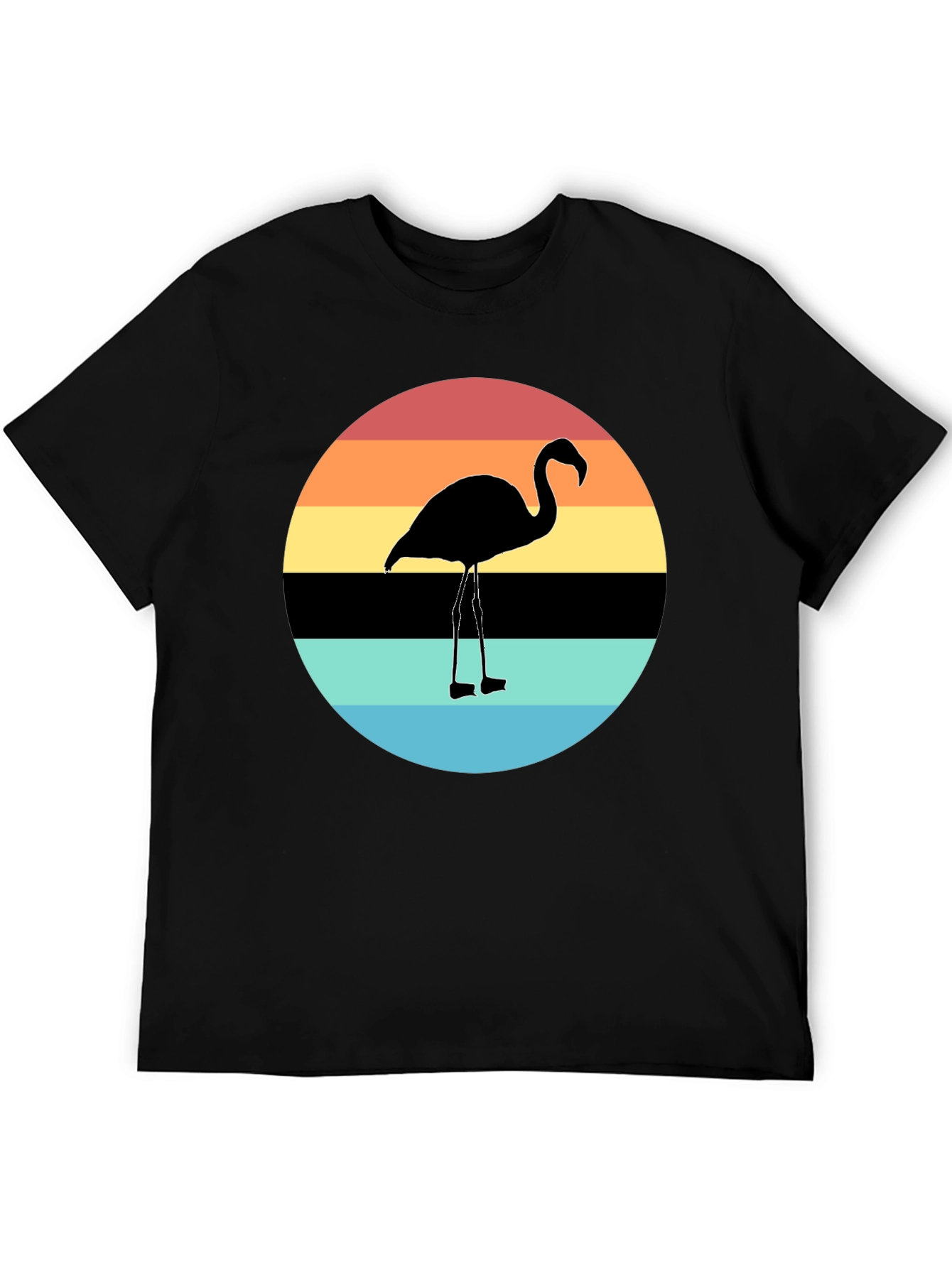 Retro Flamingo Sunset Graphic Tee - Black Cotton Blend