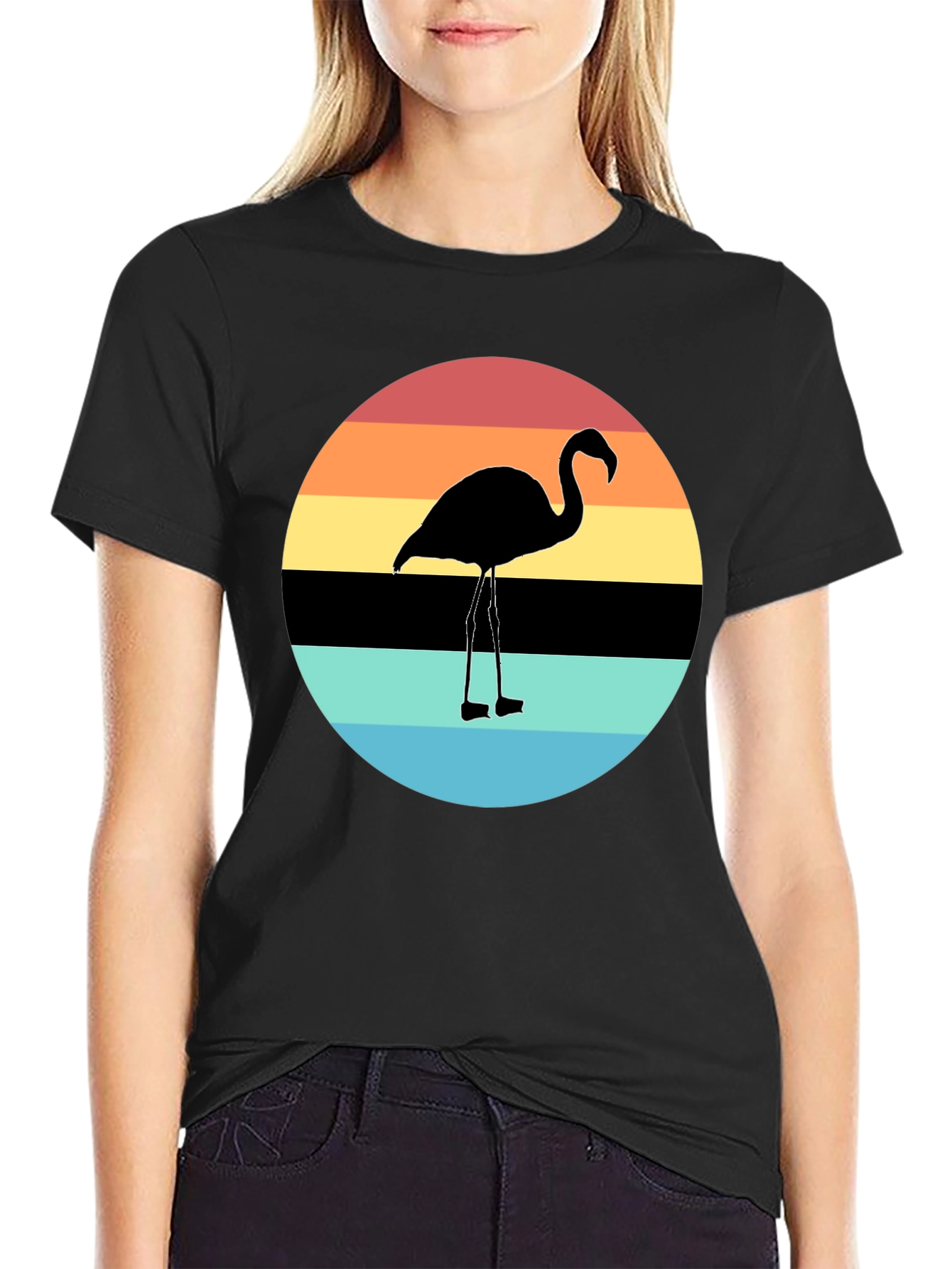 Retro Flamingo Sunset Graphic Tee - Black Cotton Blend
