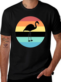 Retro Flamingo Sunset Graphic Tee - Black Cotton Blend