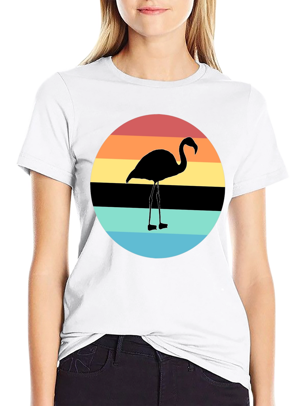 Retro Flamingo Sunset Graphic Tee - Black Cotton Blend