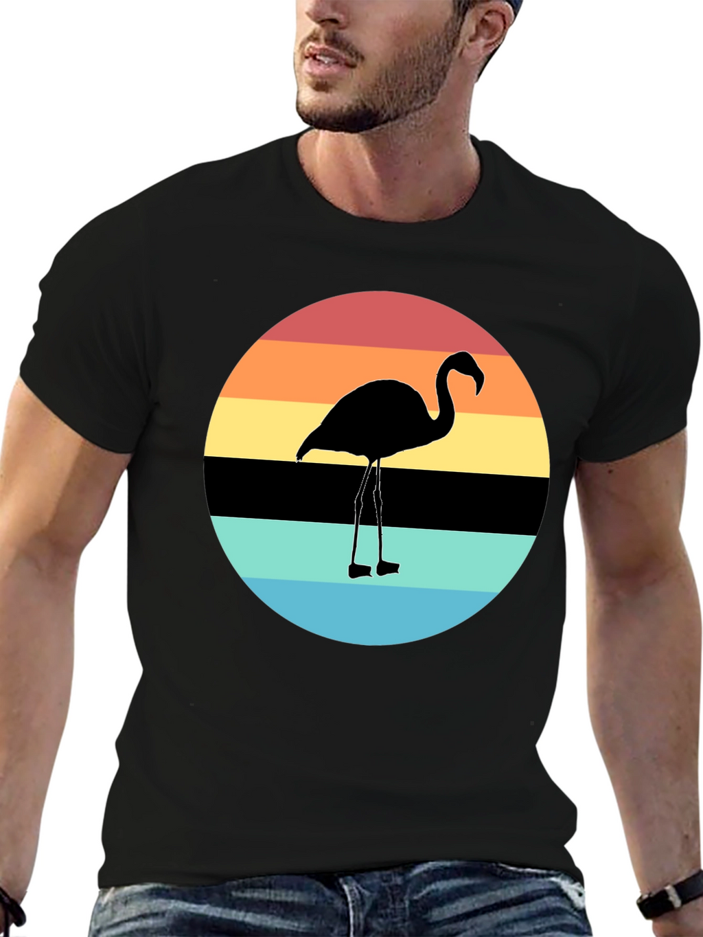 Retro Flamingo Sunset Graphic Tee - Black Cotton Blend
