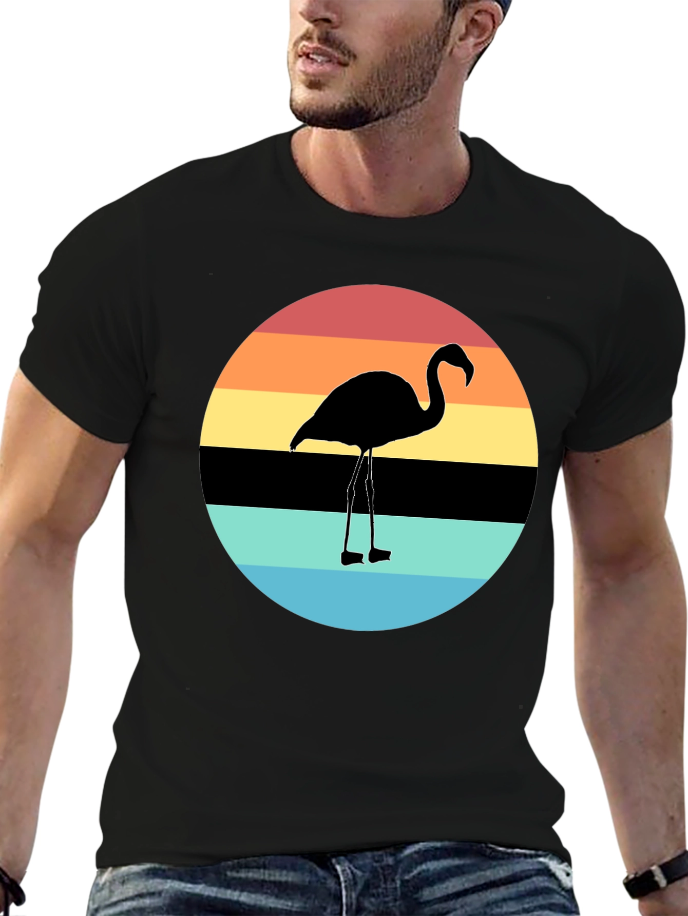 Retro Flamingo Sunset Graphic Tee - Black Cotton Blend