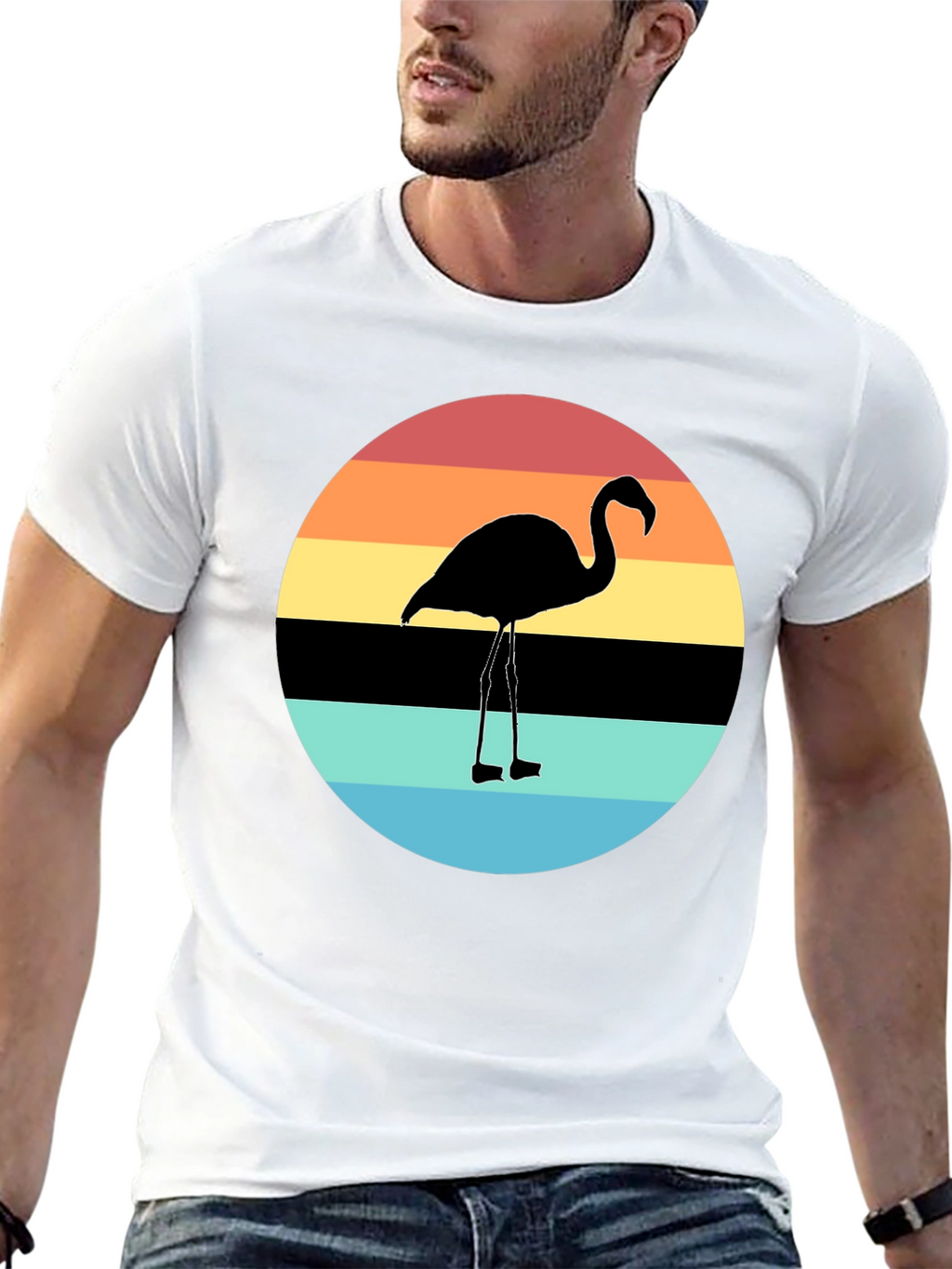 Retro Flamingo Sunset Graphic Tee - Black Cotton Blend