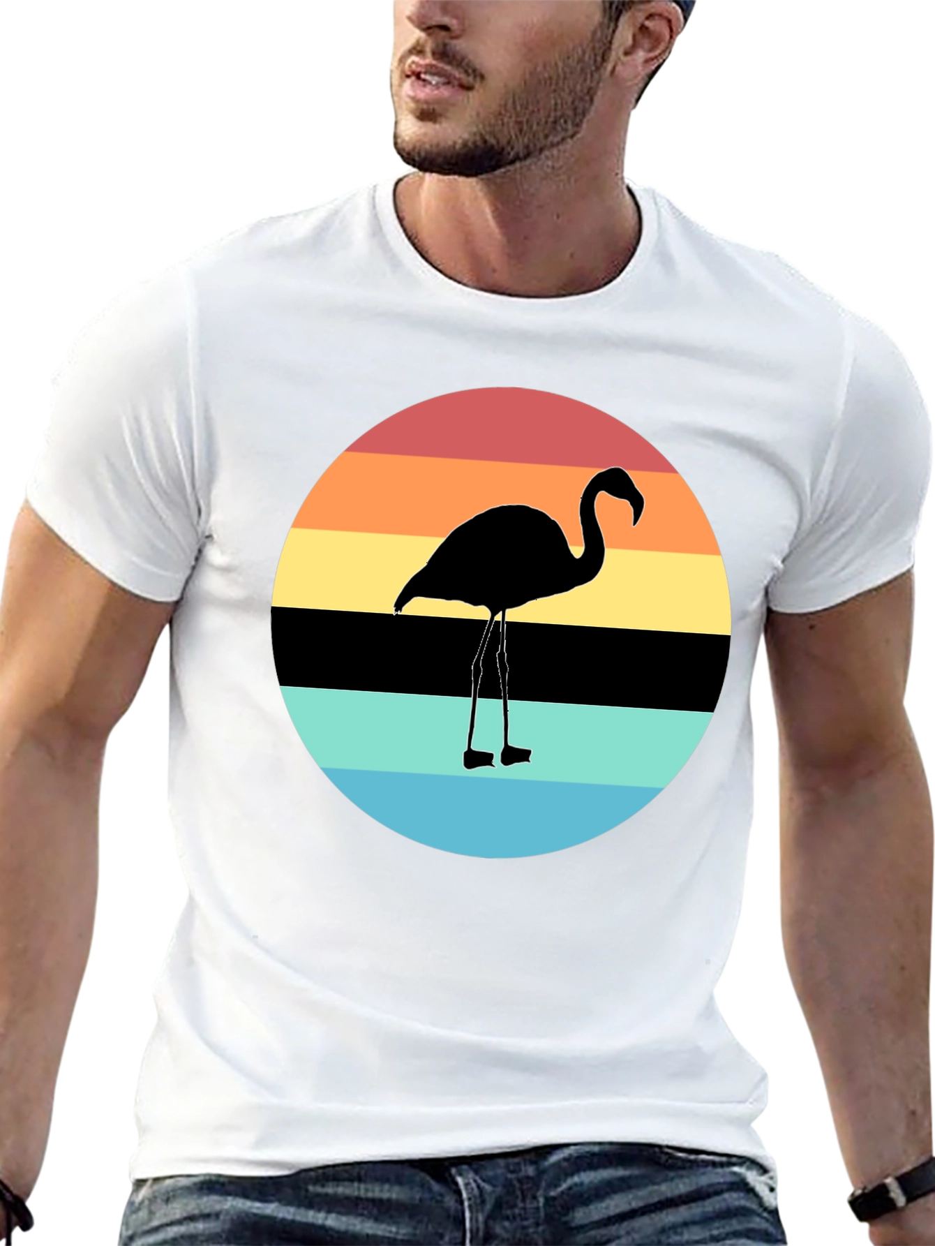 Retro Flamingo Sunset Graphic Tee - Black Cotton Blend