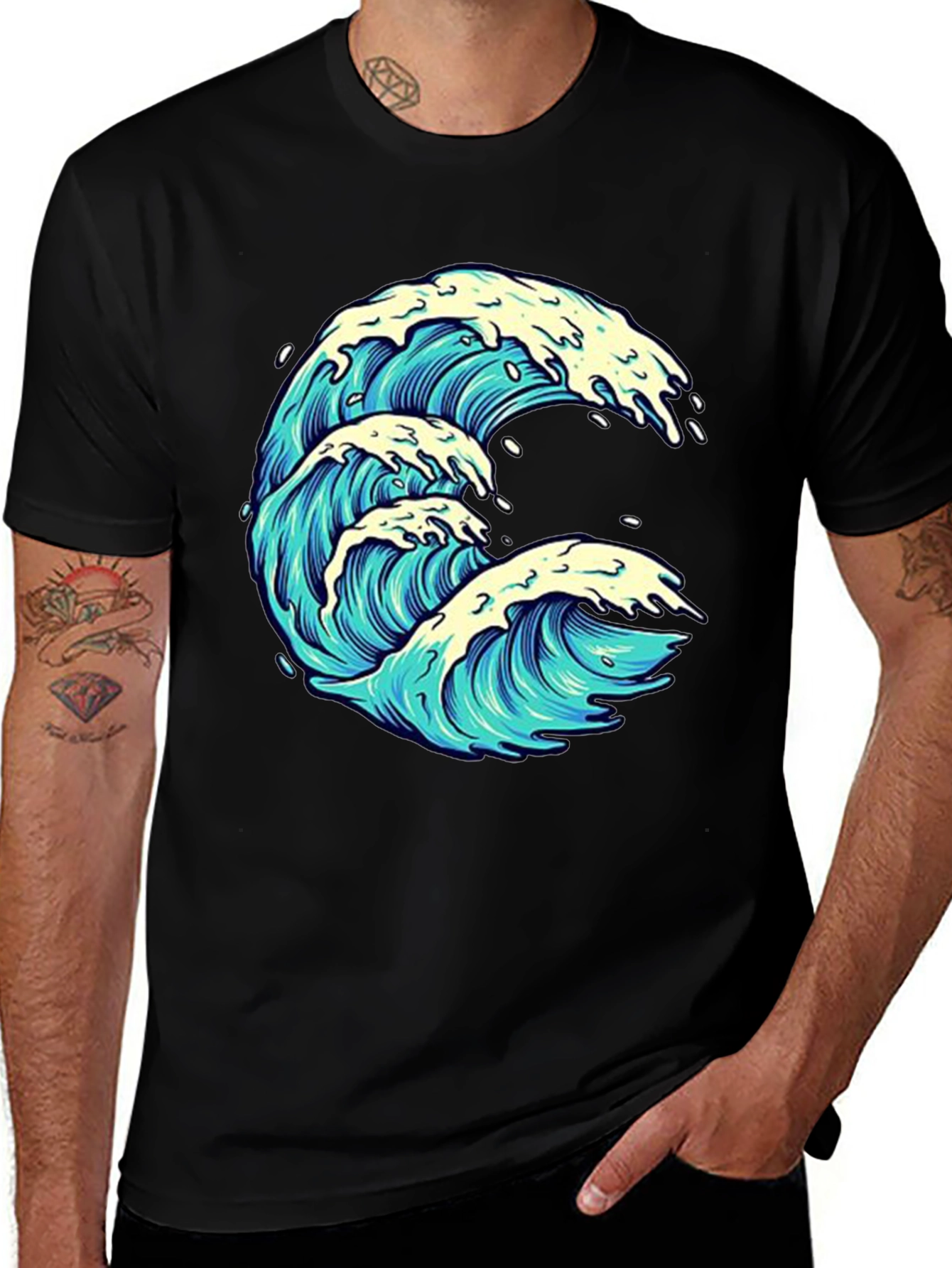 Wave Graphic Print Black Tee
