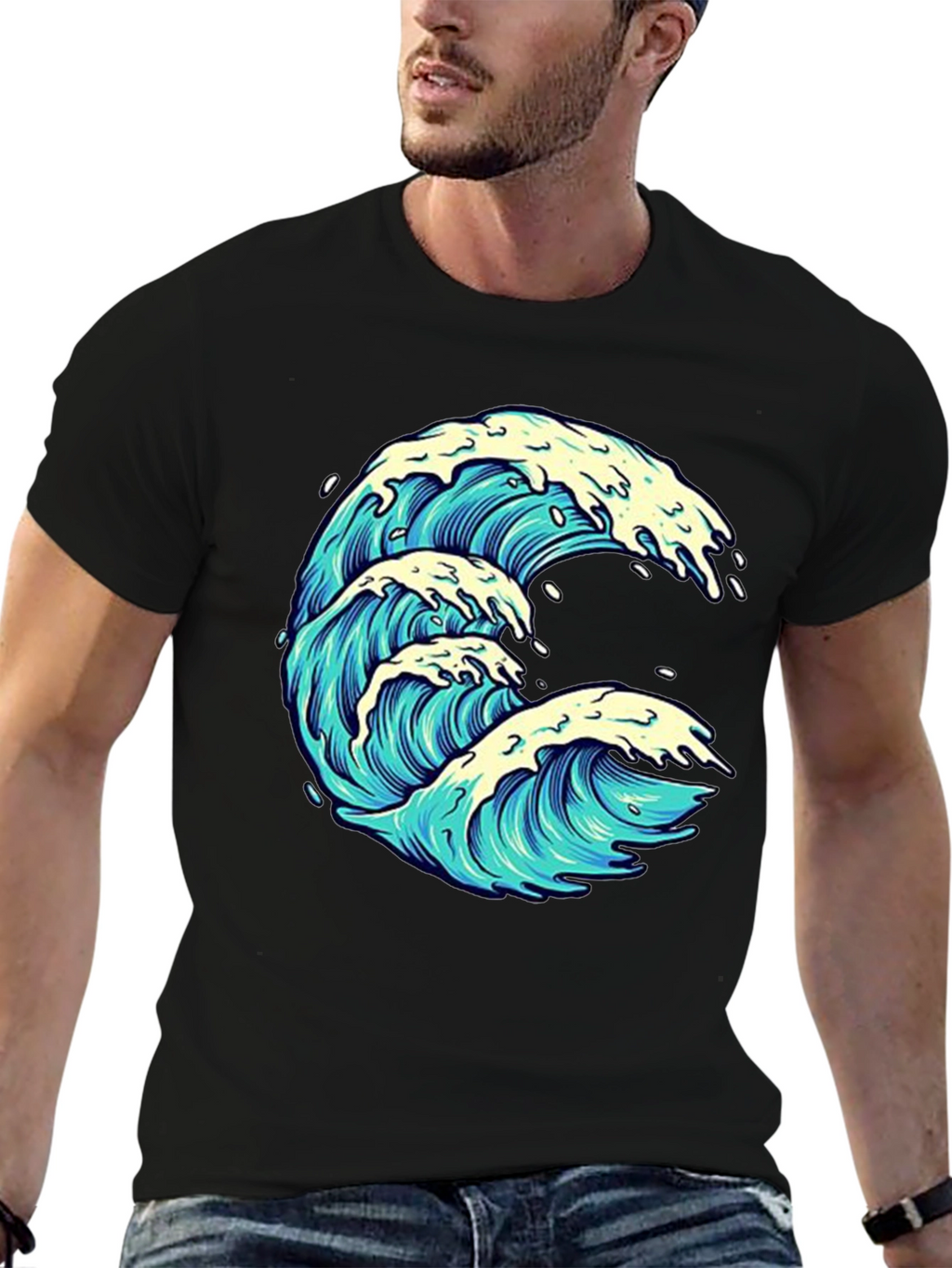 Wave Graphic Print Black Tee