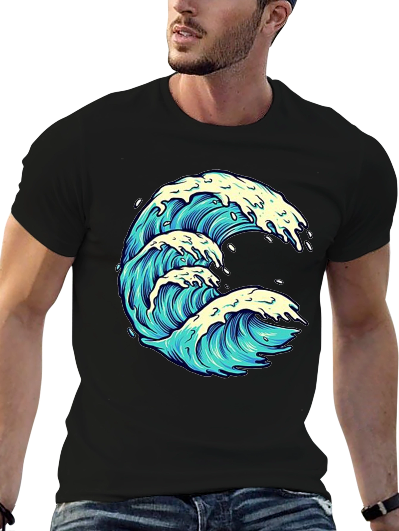 Wave Graphic Print Black Tee
