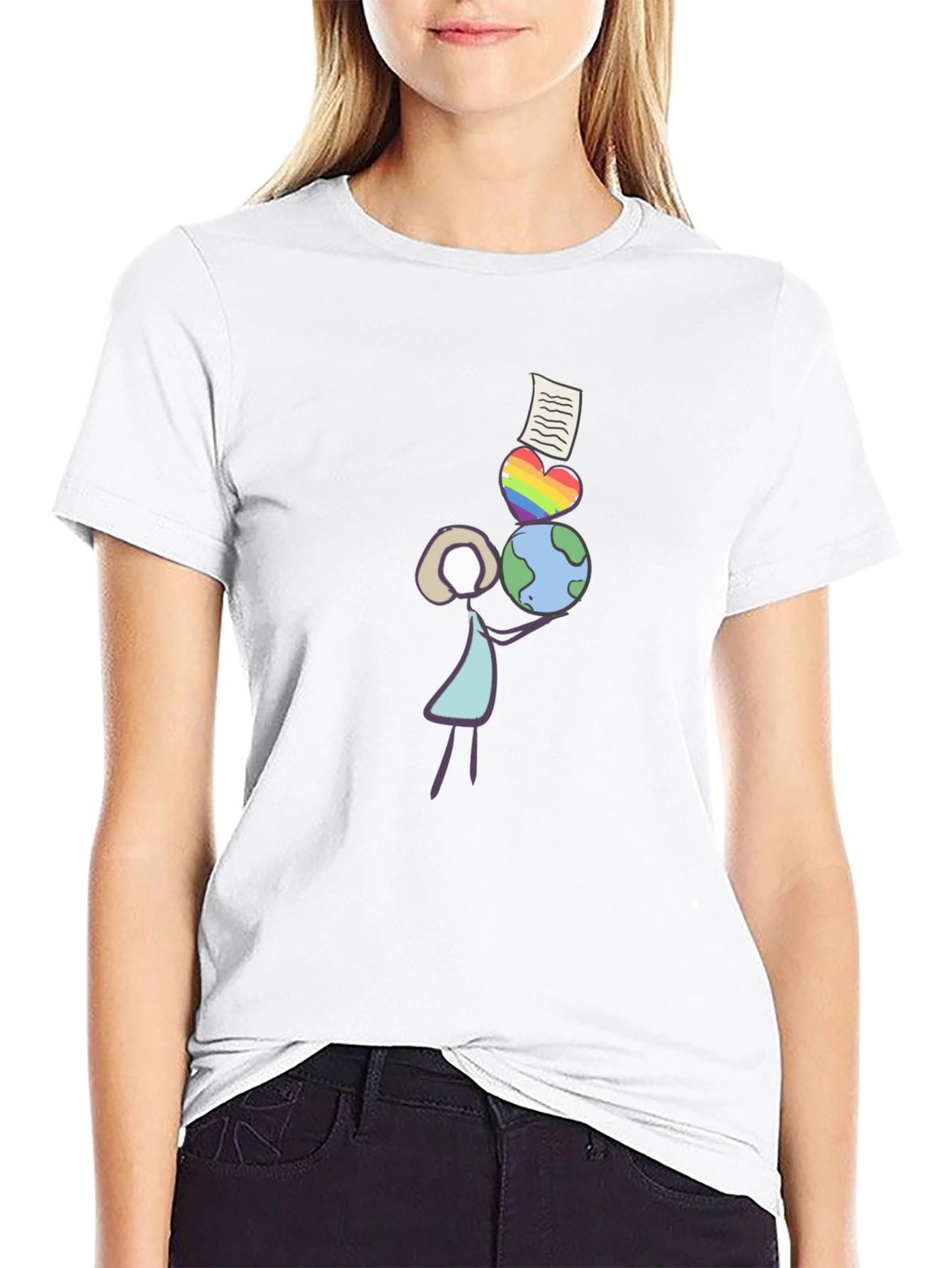 Stick Figure Balancing Globe Heart and Paper T-Shirt