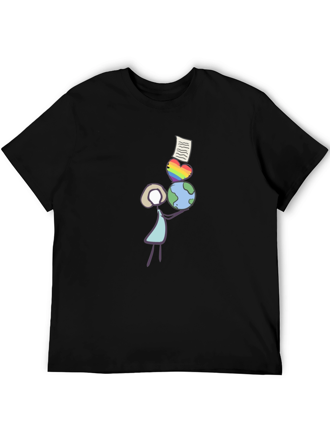 Stick Figure Balancing Globe Heart and Paper T-Shirt
