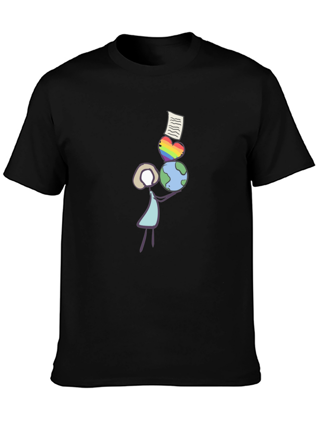 Stick Figure Balancing Globe Heart and Paper T-Shirt