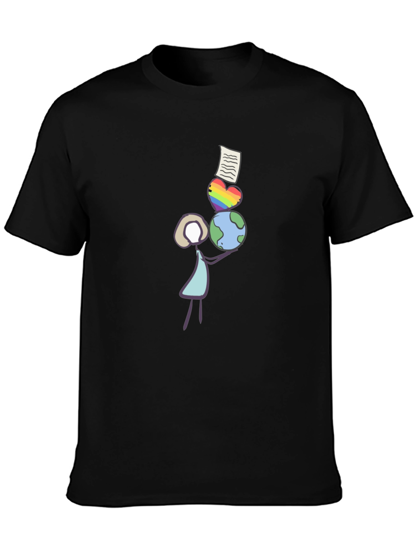 Stick Figure Balancing Globe Heart and Paper T-Shirt