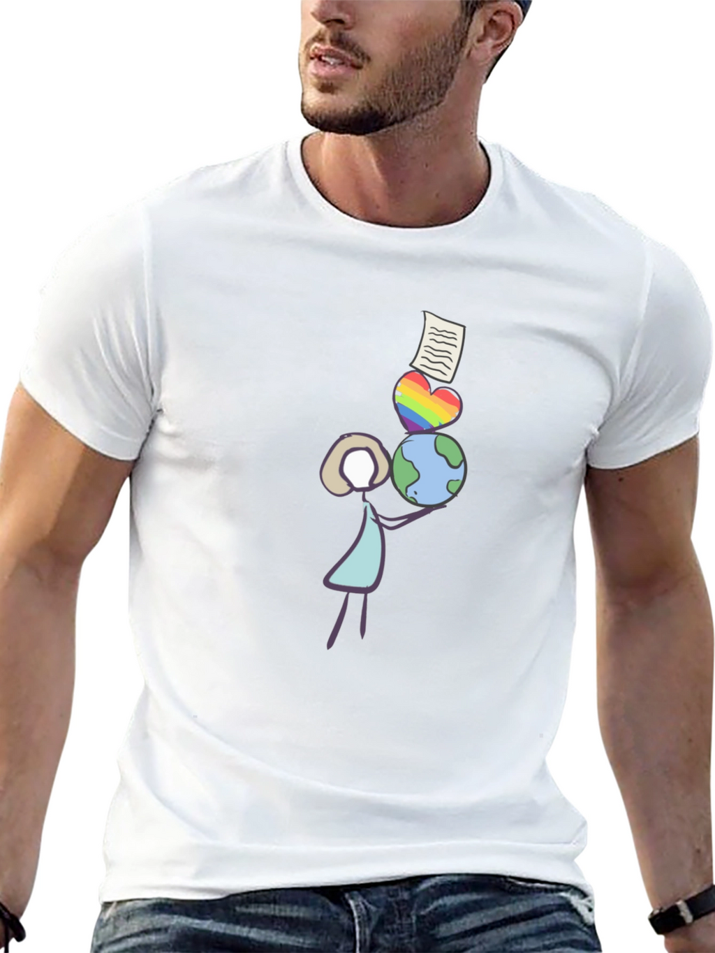 Stick Figure Balancing Globe Heart and Paper T-Shirt