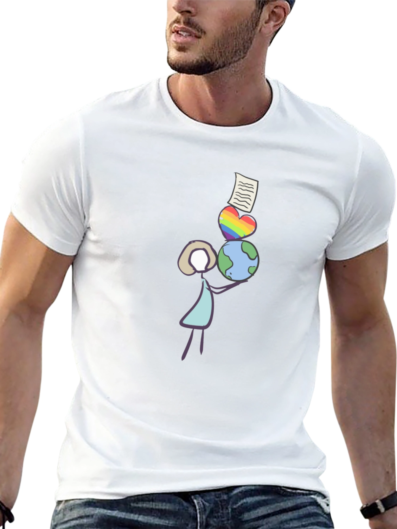 Stick Figure Balancing Globe Heart and Paper T-Shirt