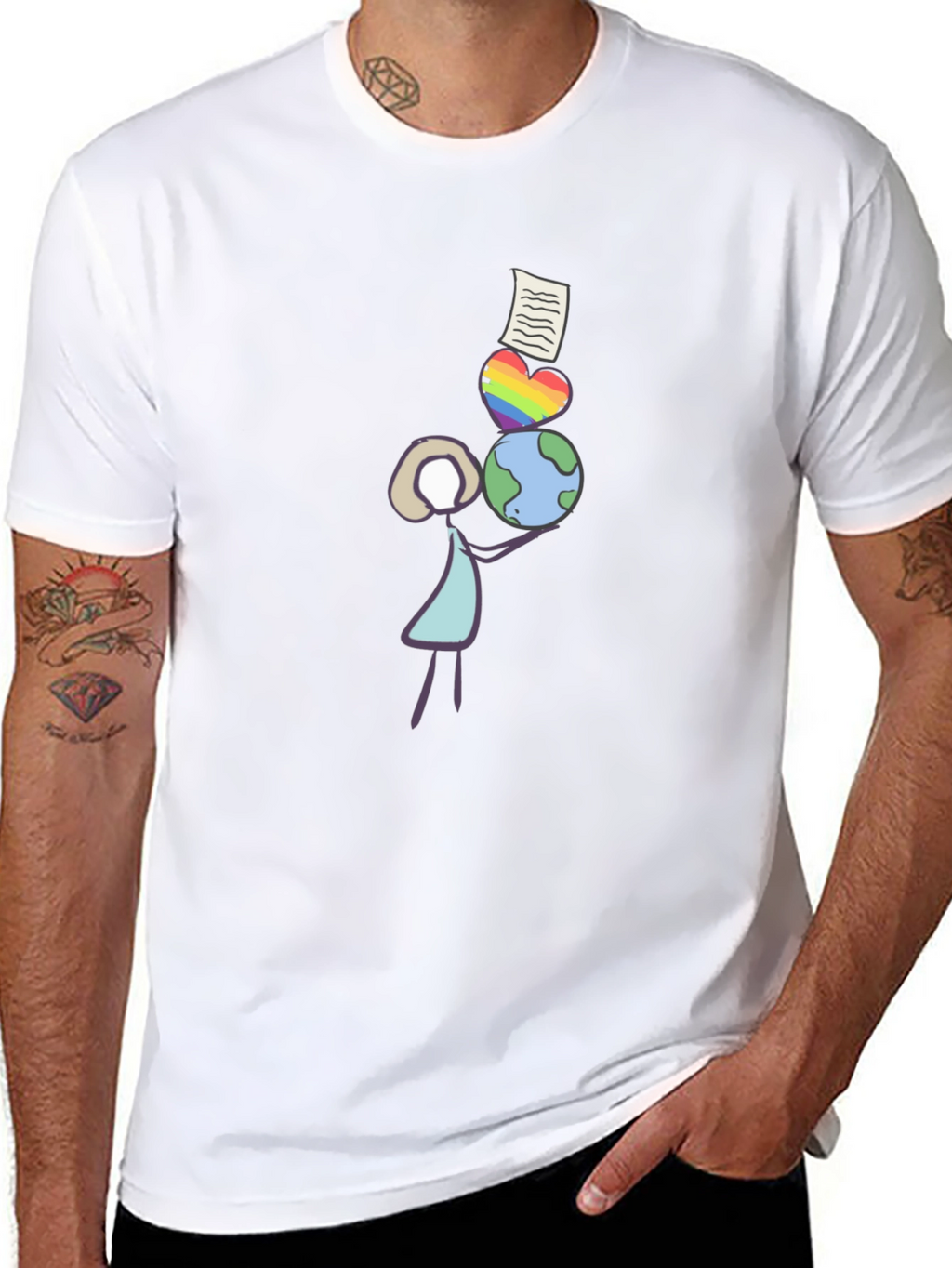 Stick Figure Balancing Globe Heart and Paper T-Shirt