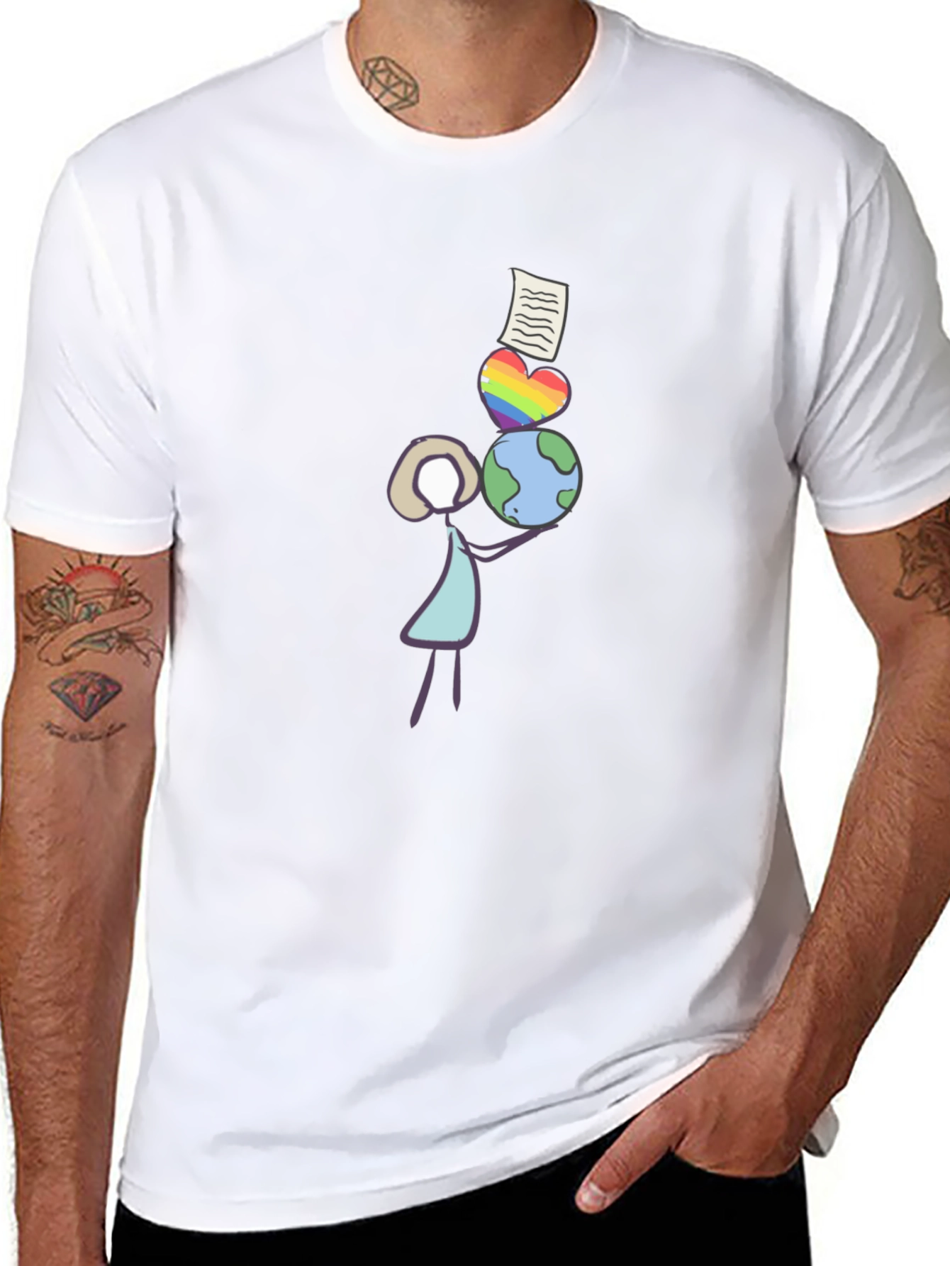 Stick Figure Balancing Globe Heart and Paper T-Shirt