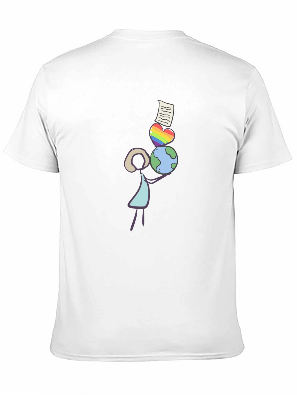 Stick Figure Balancing Globe Heart and Paper T-Shirt