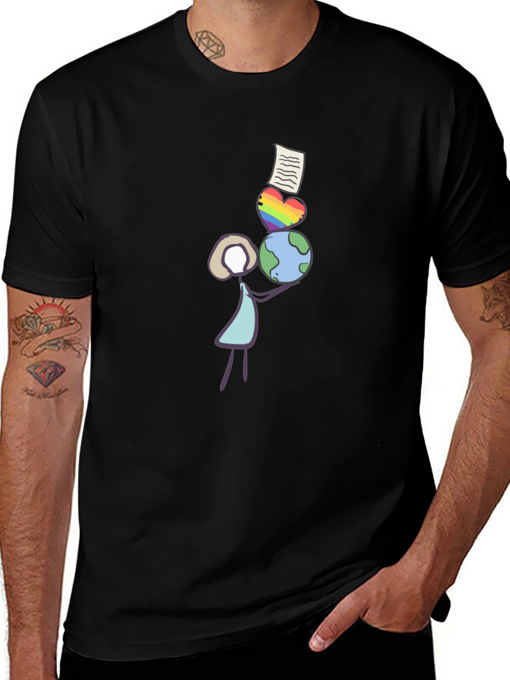 Stick Figure Balancing Globe Heart and Paper T-Shirt